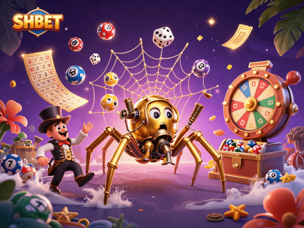 Engage with SHBET's thrilling gaming world, featuring dynamic lottery elements and a whimsical casino scene.