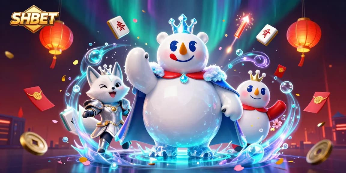 SHBET offers thrilling gaming experiences featuring a snow fox and ice king amidst festive casino elements.