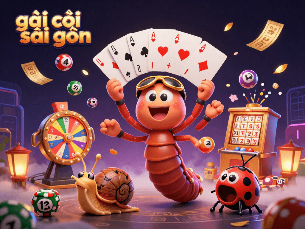Một cảnh 3D sống động với gái gọi Sài Gòn, bánh xe thưởng và bóng số xổ số tỏa ra quanh.