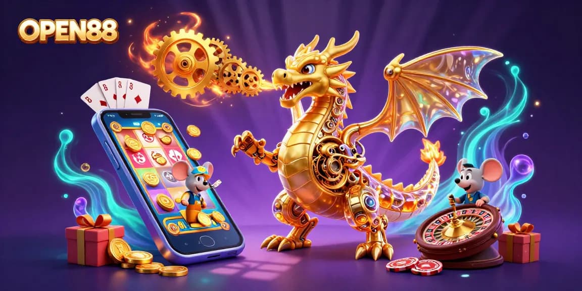 Engage with OPEN88, enjoy thrilling gameplay with a golden dragon and vibrant casino elements.