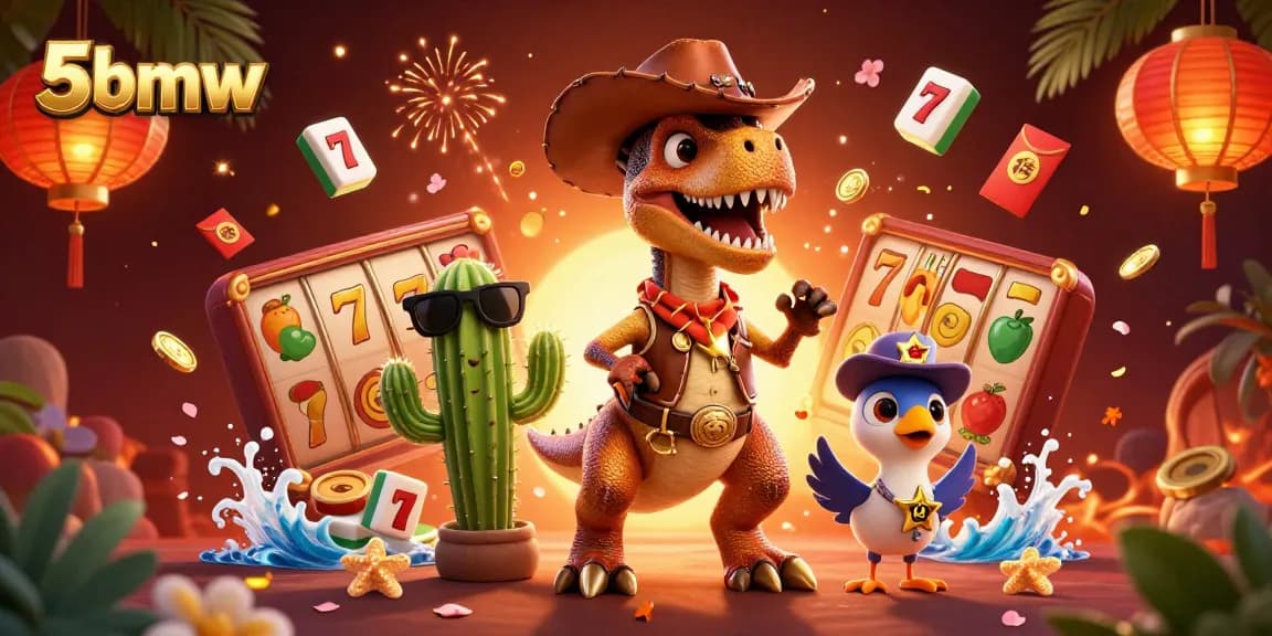Experience thrilling slot action with 5bmw's vibrant characters and casino elements in a dynamic scene.