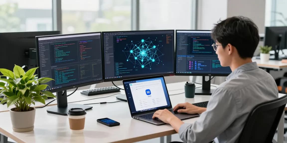 快连 software application in a modern workspace with screens displaying connectivity solutions.