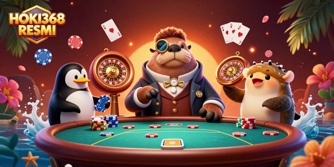 Join the action with HOKI368 RESMI at the underwater poker table, featuring a bluffing pufferfish and a sophisticated penguin dealer.