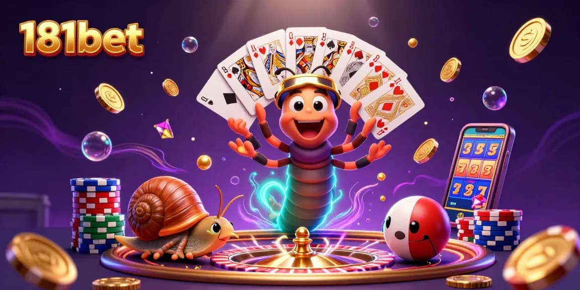 Experience the excitement of 181bet with a colorful 3D casino scene featuring a millipede dealer, high-roller snail, and dynamic game elements.