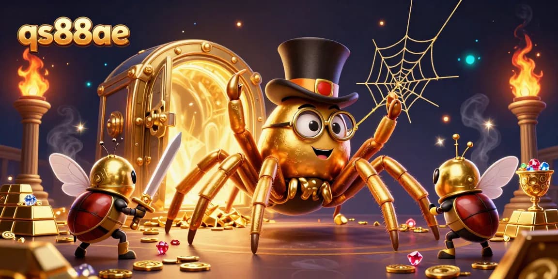 Experience thrilling moments at qs88ae with a golden tarantula and beetle knight in a vibrant casino scene.