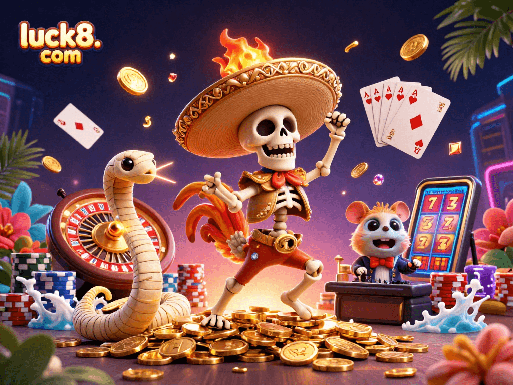 Win exciting rewards at luck8. com with a vibrant 3D casino scene showcasing thrilling games and characters.