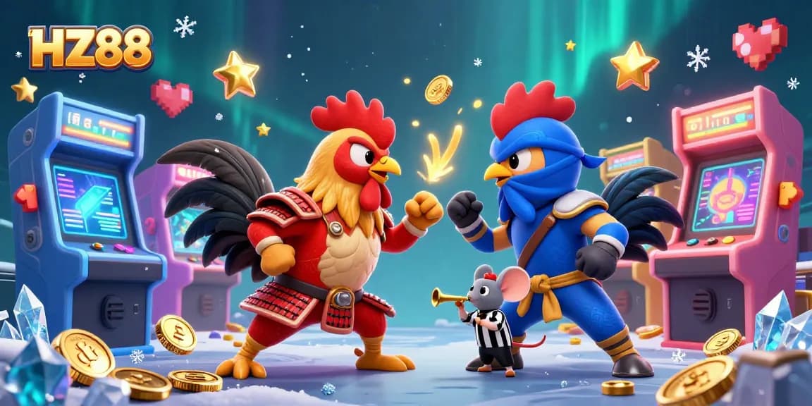 Engage with HZ88's thrilling rooster standoff, showcasing vibrant casino game elements and high-stakes excitement.