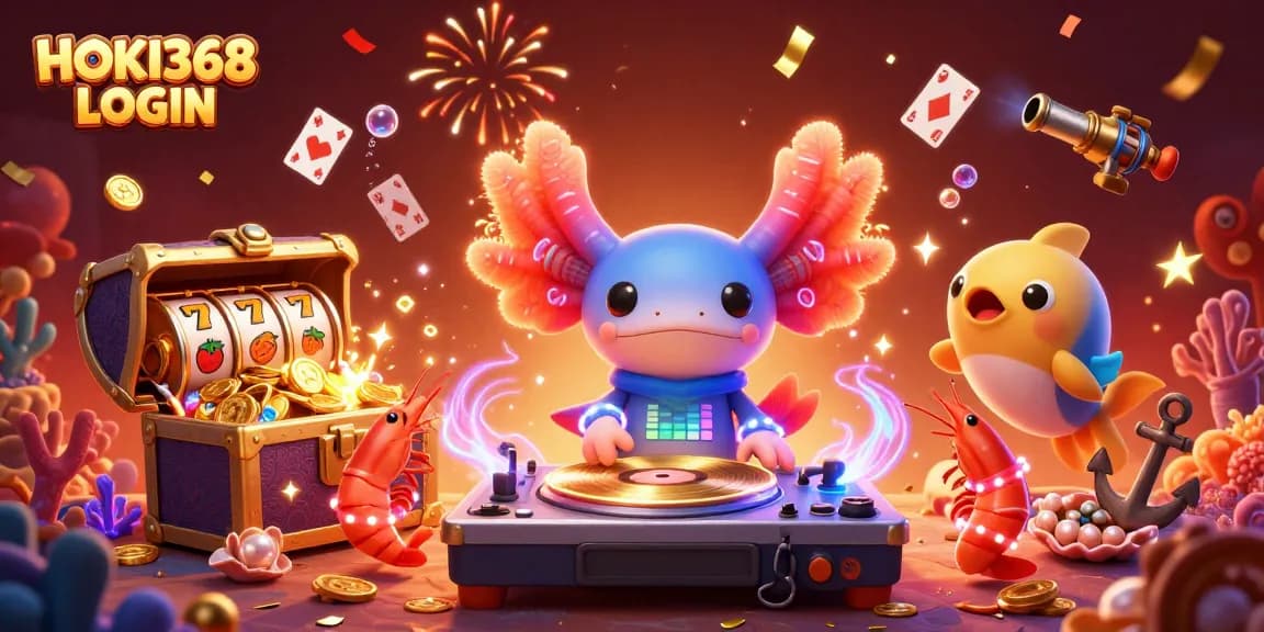 Try your luck with HOKI368 LOGIN at the vibrant underwater casino experience featuring the neon-colored axolotl DJ.