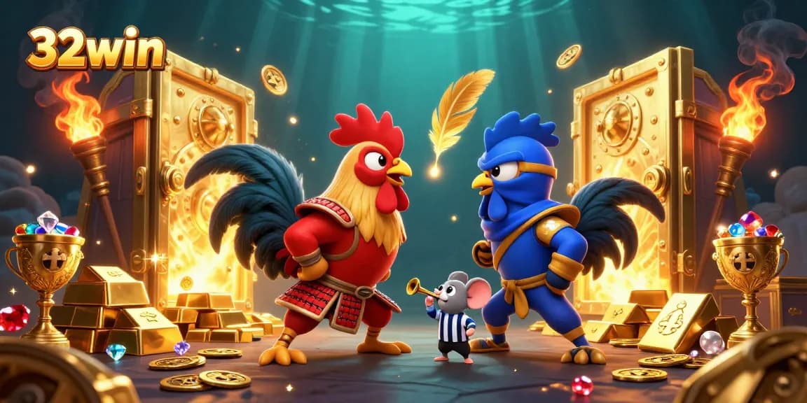 Bet on thrilling standoffs as 32win showcases epic rooster battles amid dazzling treasures and golden riches.