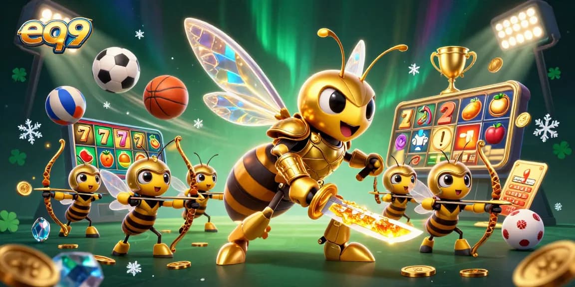 Experience thrilling gameplay with eq9's dynamic 3D visual showcasing colorful slots and action-packed gaming elements.