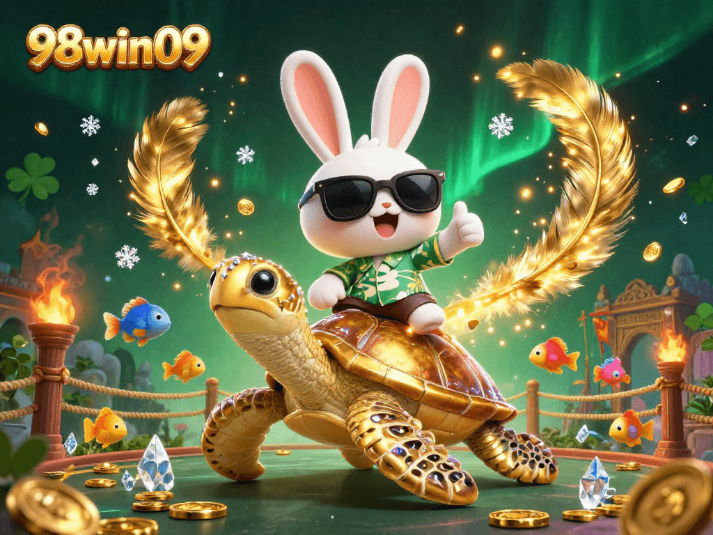 Spin your luck at 98win09 with the charming rabbit and golden turtle in an exciting casino scene!