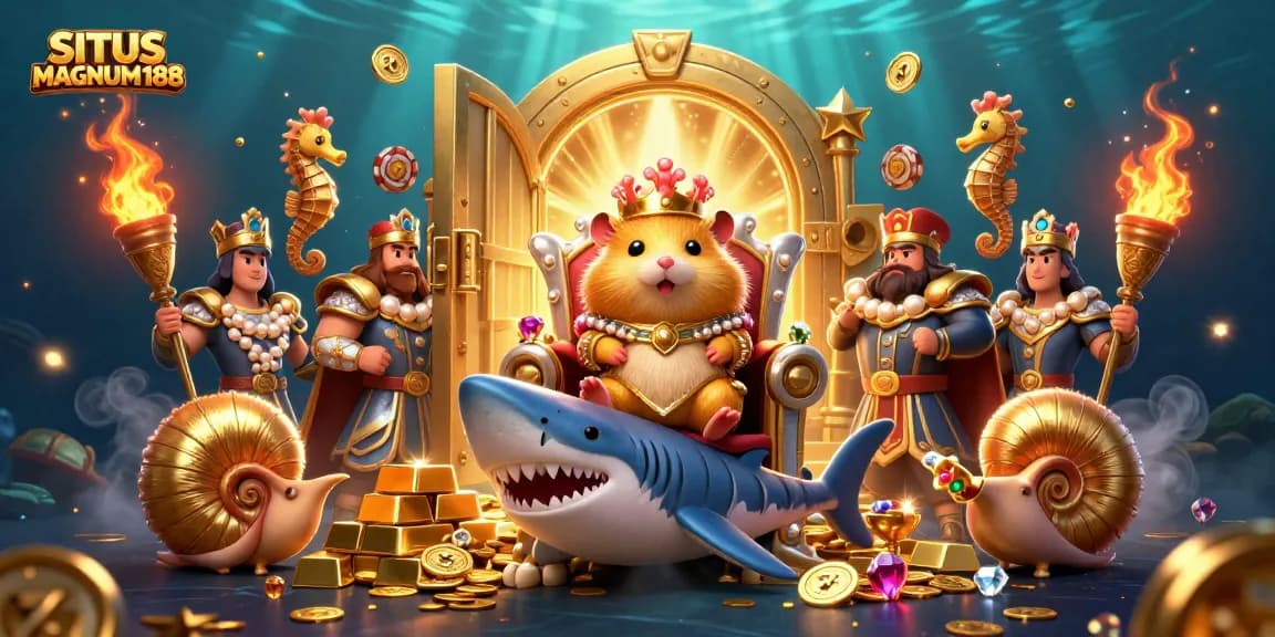 Experience thrilling gameplay at SITUS MAGNUM188, featuring a golden hamster king surrounded by treasures.