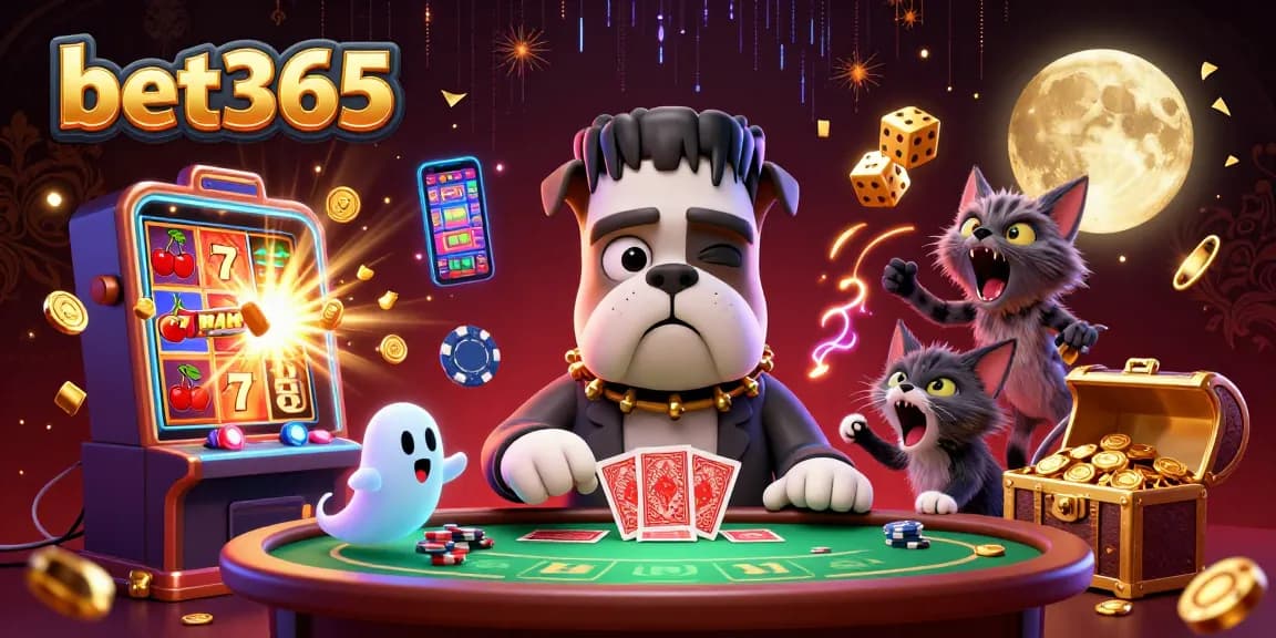 Engage with bet365's thrilling casino atmosphere featuring a surreal 3D scene of characters and game elements.