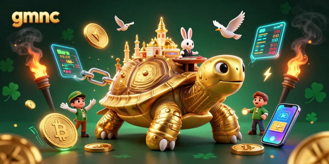 Join gmnc for a thrilling casino experience with our vibrant 3D illustration featuring a golden tortoise and crypto elements.