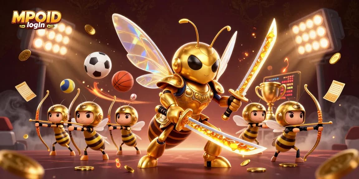 Experience MPOID login in a vibrant 3D casino illustration with dynamic sports elements and engaging characters.