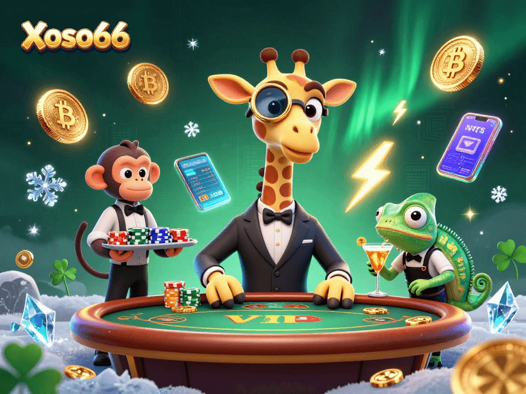 Xoso66 promotes thrilling casino action with a lavish giraffe high-roller, lively monkey valet, and entertaining chameleon bartender.