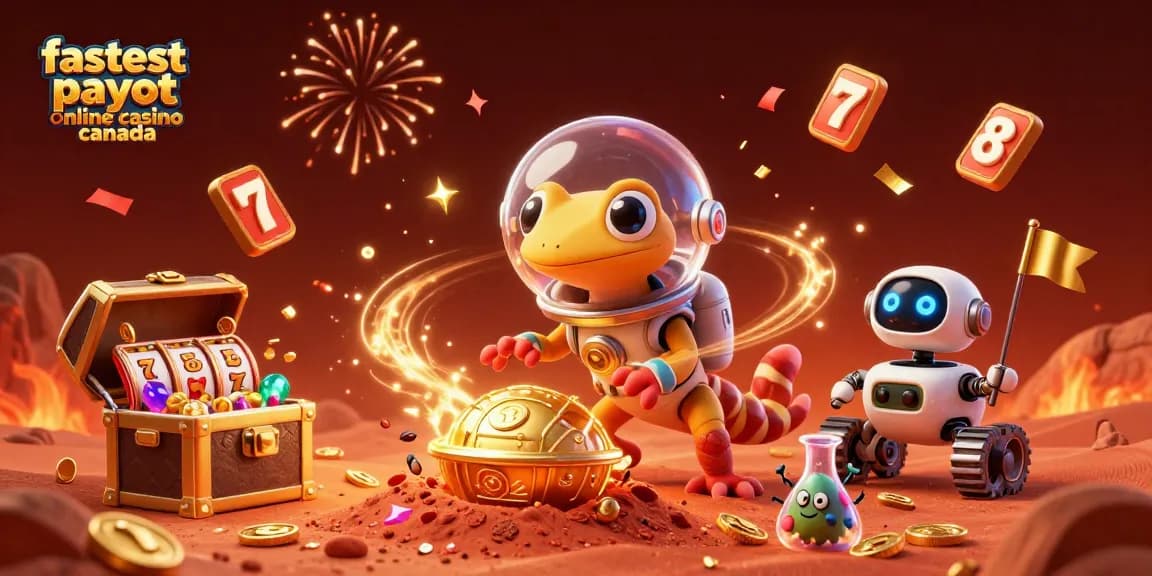 Martian gecko exploring a golden casino, showcasing the fastest payout online casino canada.