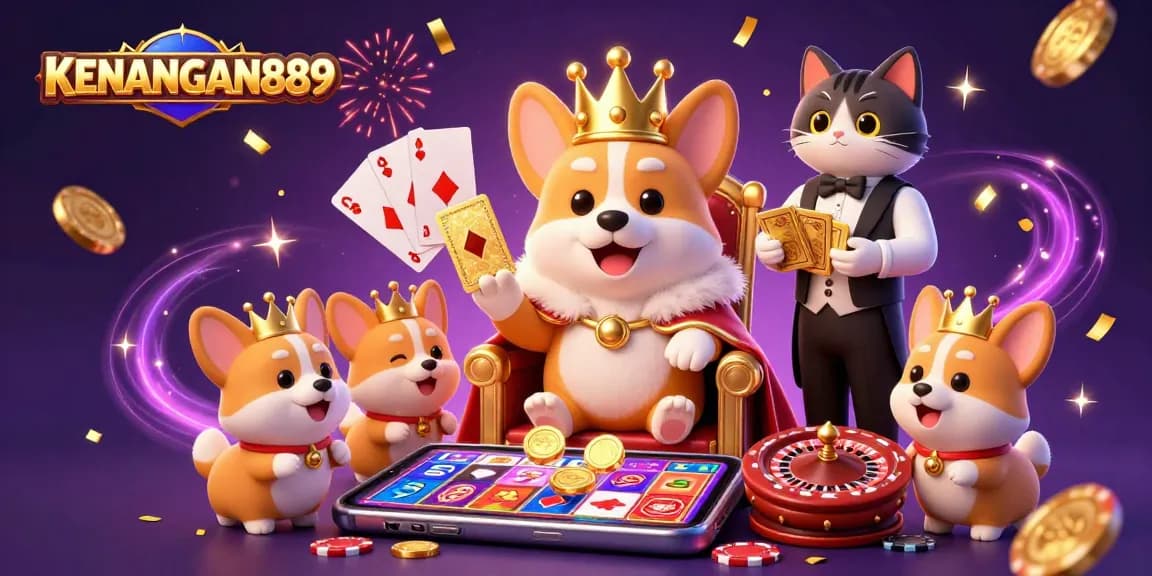 Play slots at KENANGAN889 with royal visuals and exciting casino elements surrounding the crown corgi.