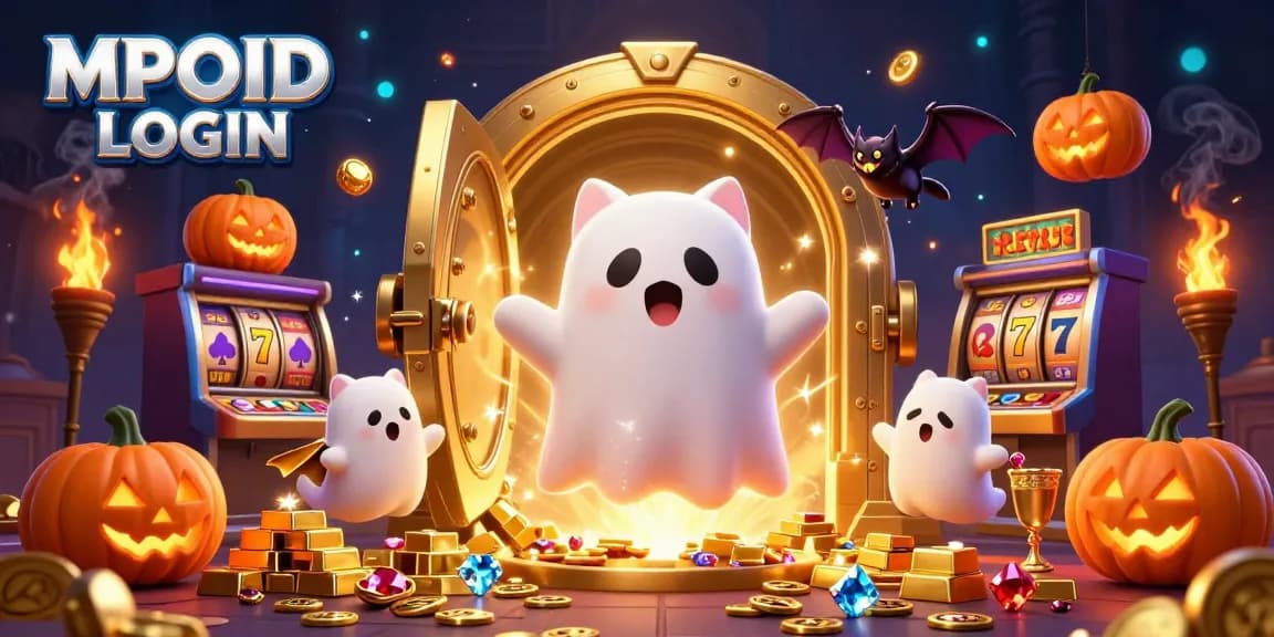 MPOID LOGIN provides a vibrant gambling experience with a friendly ghost cat and vampire bat in a haunted casino.