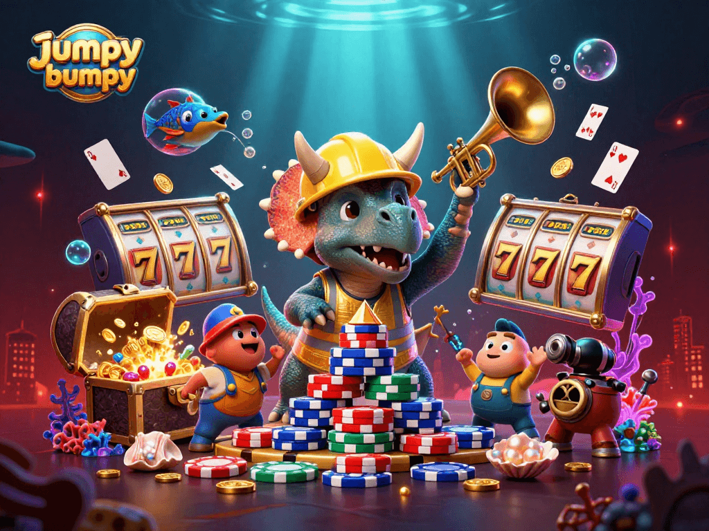 Engage with jumpybumpy as triceratops builds poker chip pyramids surrounded by casino treasures.