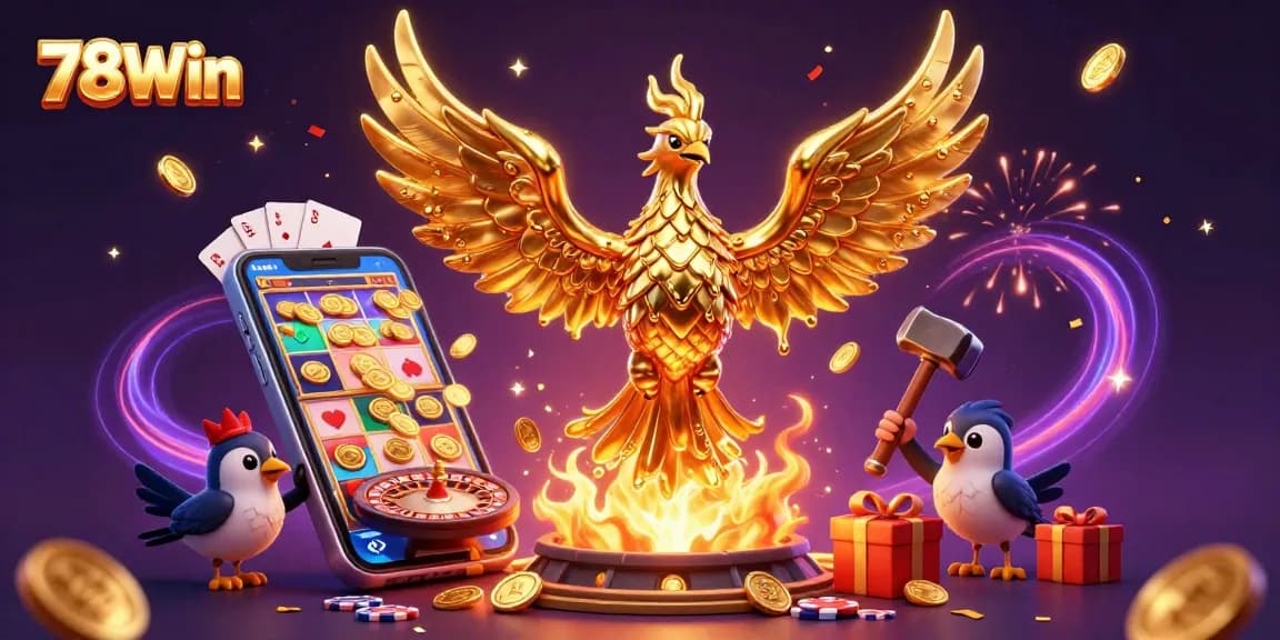 Experience the excitement of 78Win with a molten gold phoenix and casino elements like slots and cards.