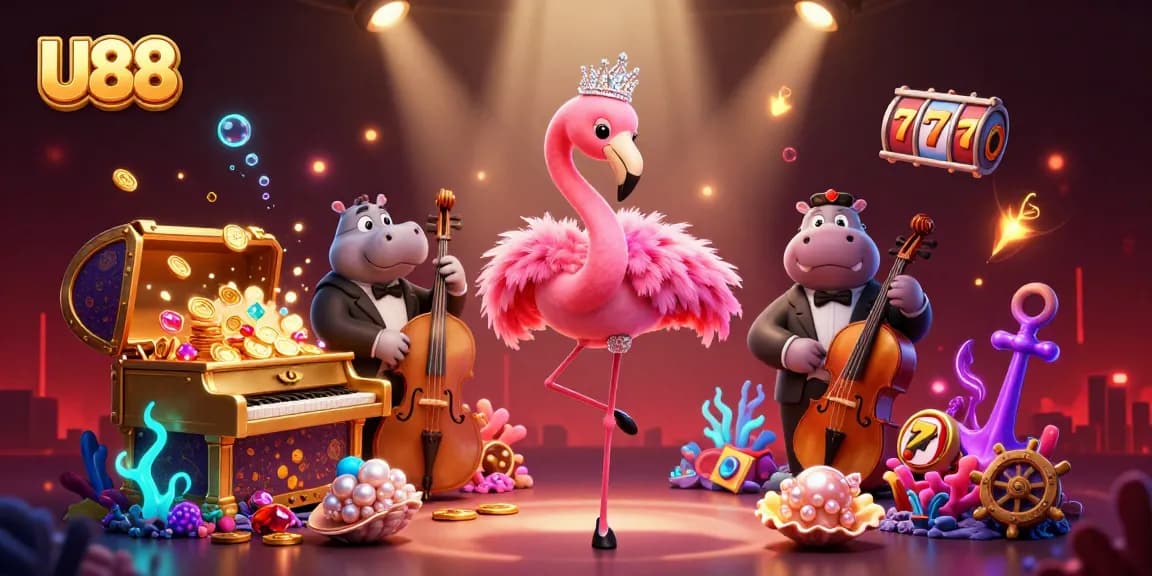 Experience the vibrant U88 casino world with an enchanting flamingo singer and dynamic gaming elements.