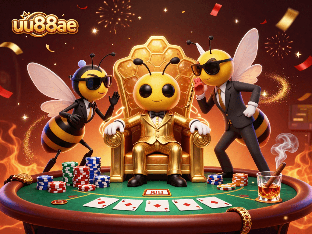 Engage with exciting games at uu88ae, where a bumblebee mob boss oversees a lively poker scene.