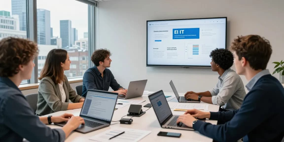 London business IT support team collaborating on solutions in modern office setting