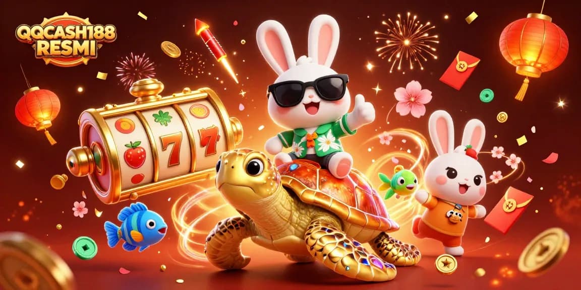Experience the thrill of QQCASH188 RESMI with a lucky rabbit and casino elements in a vibrant 3D scene.