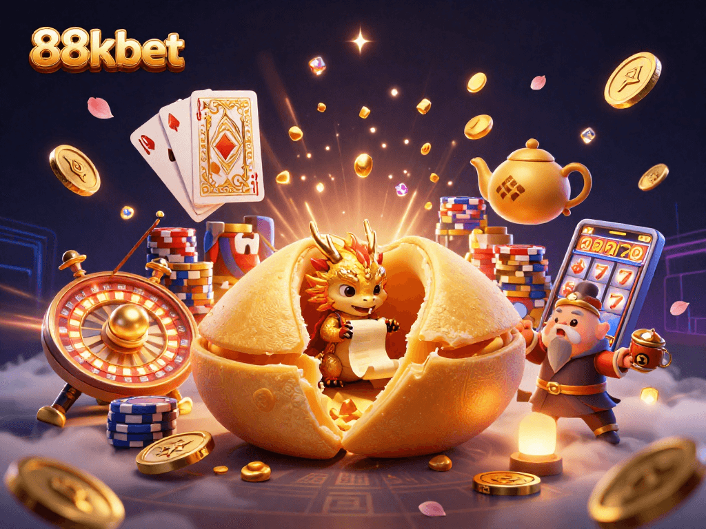 Experience thrilling wins at 88kbet with a dynamic casino scene featuring golden coins and fortune cookies.