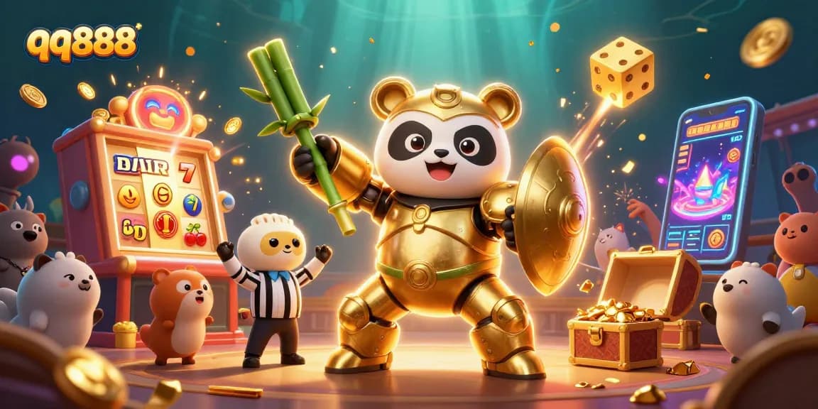 Engage with qq888 casino excitement as a golden panda pilots a robot amidst jackpot celebrations.