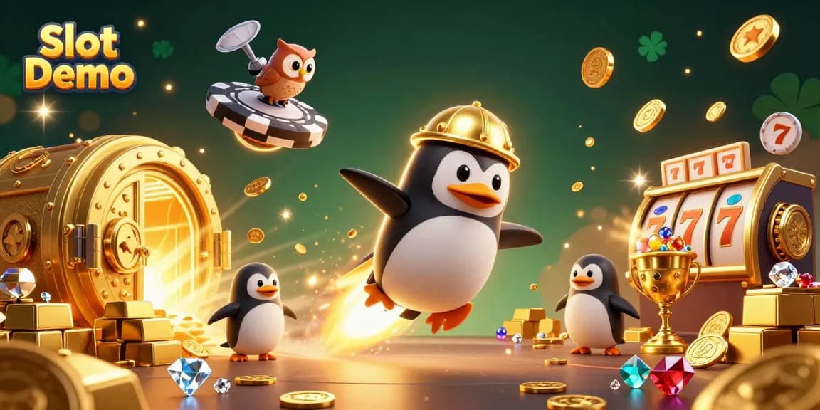 Spin the Slot Demo with vibrant golden penguin and casino treasures in a cosmic scene of excitement.