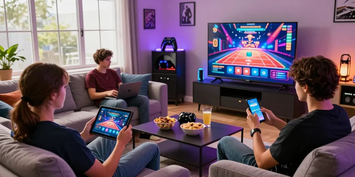 Exciting gaming scene showcasing Winbox download on multiple devices in a cozy living room.