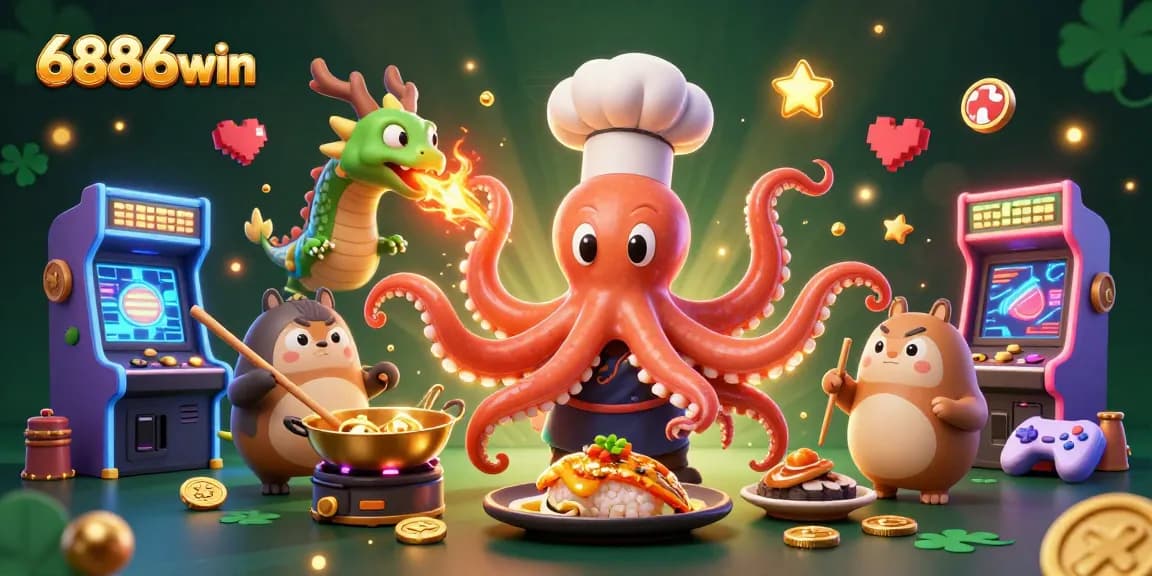 Experience gaming excitement with 6886win's animated octopus chef and dragon, amid vibrant casino elements.