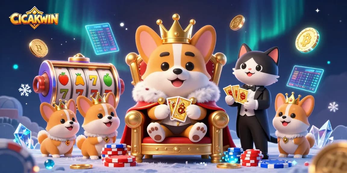 CICAKWIN showcases a cartoon royal corgi surrounded by slot machines, Bitcoin coins, and vibrant casino elements in a colorful 3D scene.