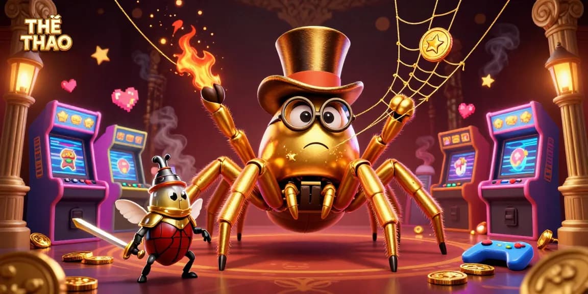 Experience THỂ THAO excitement as the golden tarantula and beetle knight play in a vibrant casino