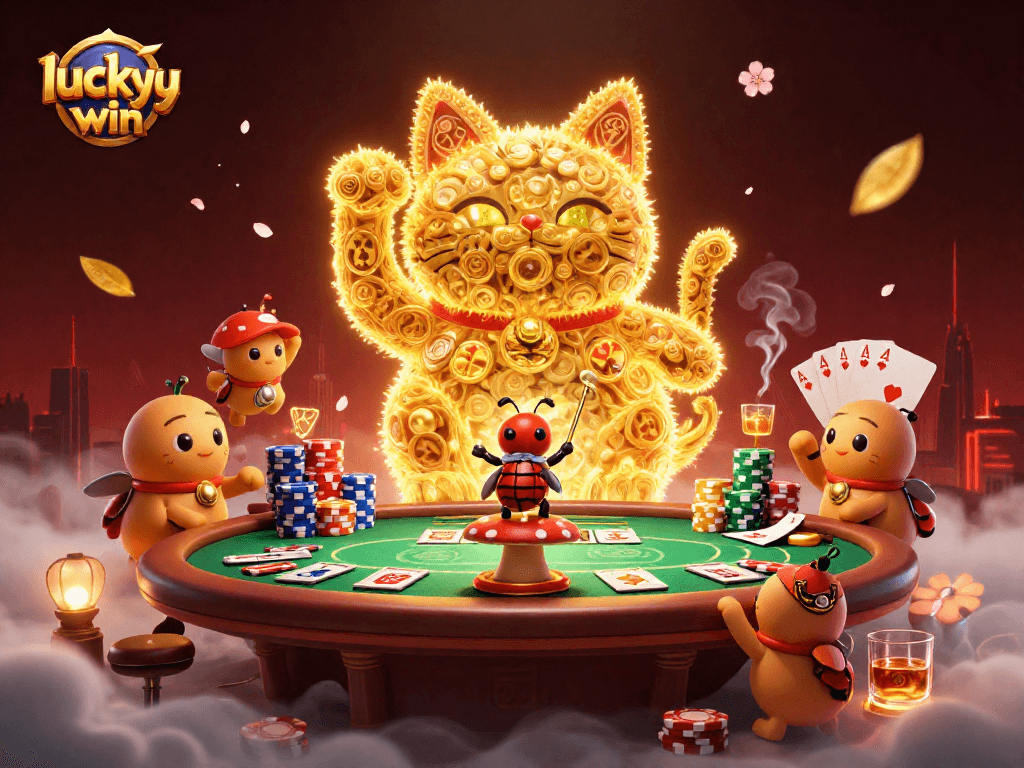 Experience thrilling action at luckywin with a dynamic illustration featuring a lucky cat and casino elements.