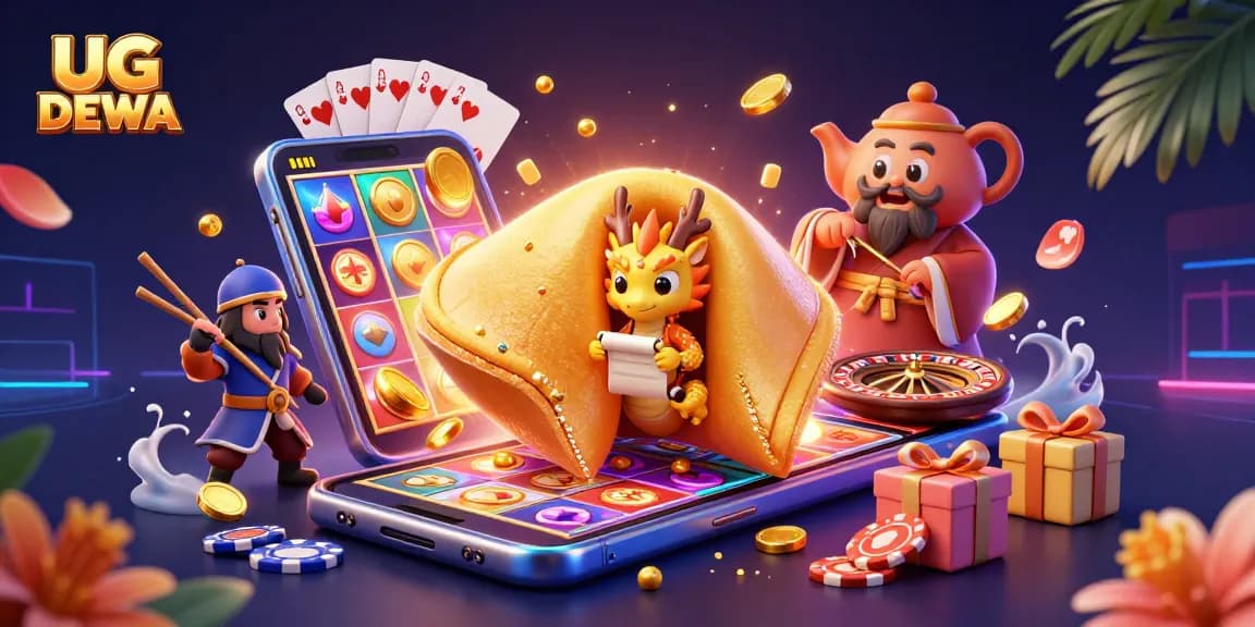 Engage with UG DEWA's thrilling slot game featuring a golden fortune cookie, a wise dragon, and festive gaming elements.