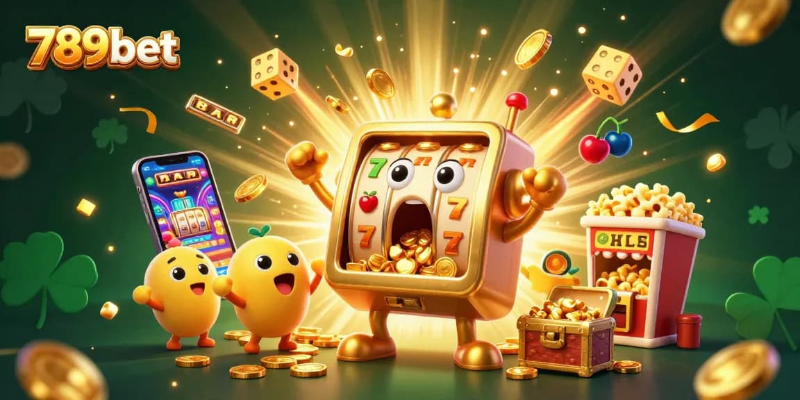 Experience 789bet's slot machine jackpot celebration with cheering characters and dynamic casino elements