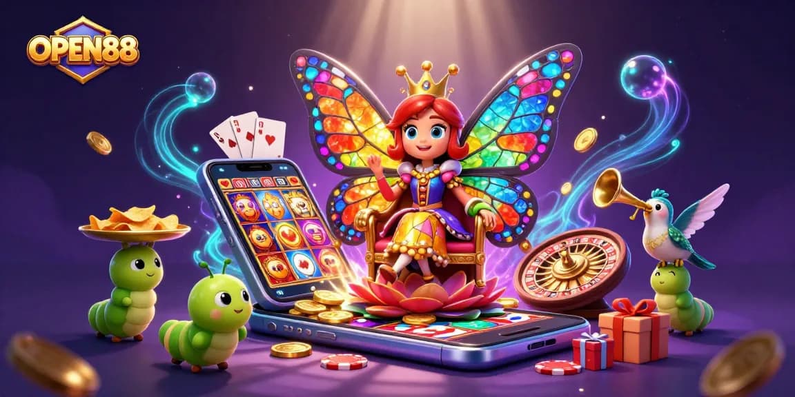 Experience the excitement of OPEN88 with this vibrant 3D butterfly queen and casino elements.