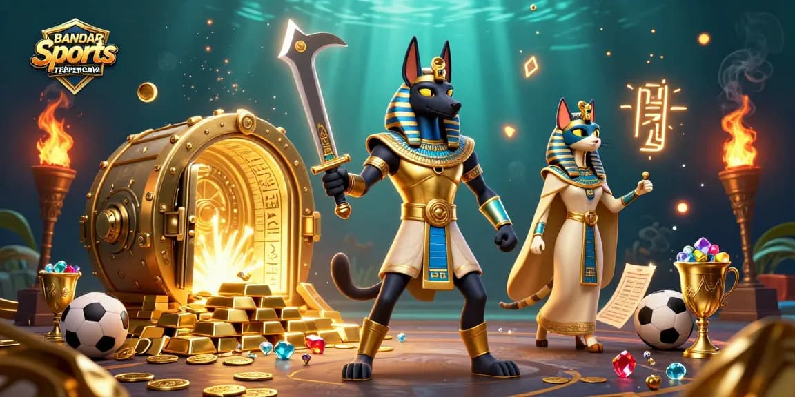BANDAR Sports TERPERCAYA showcases Anubis and Bastet in a dynamic sports betting scene with treasures.