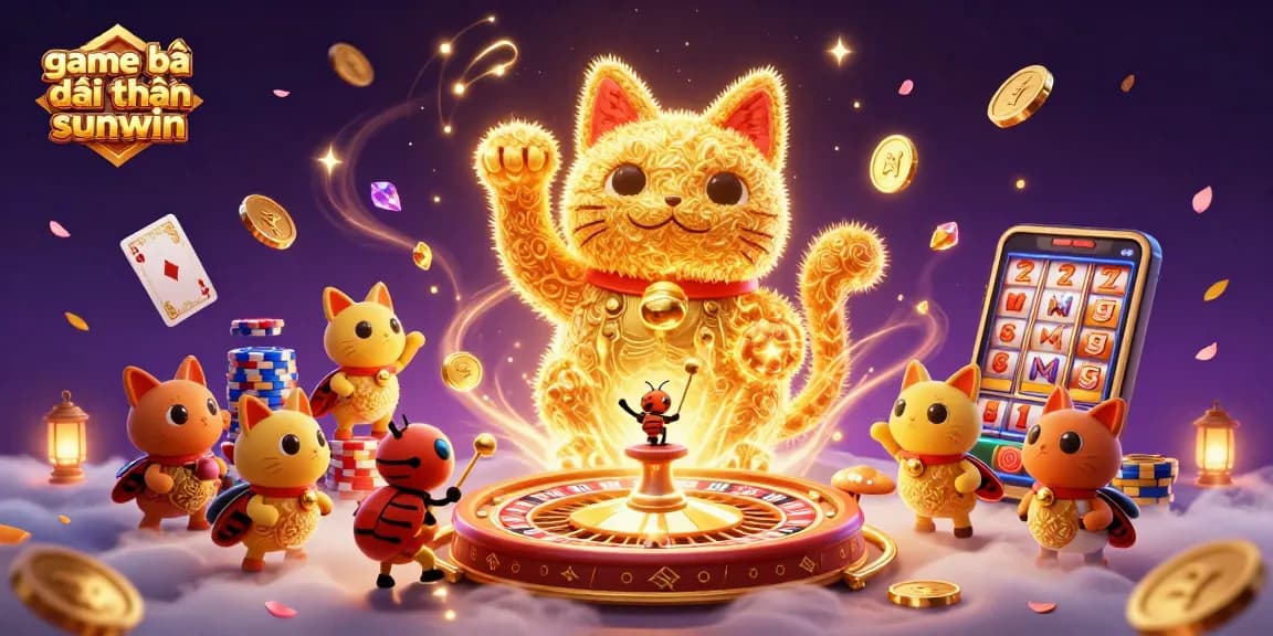 Win big with game bài đổi thưởng sunwin featuring a vibrant 3D lucky cat and casino symbols.
