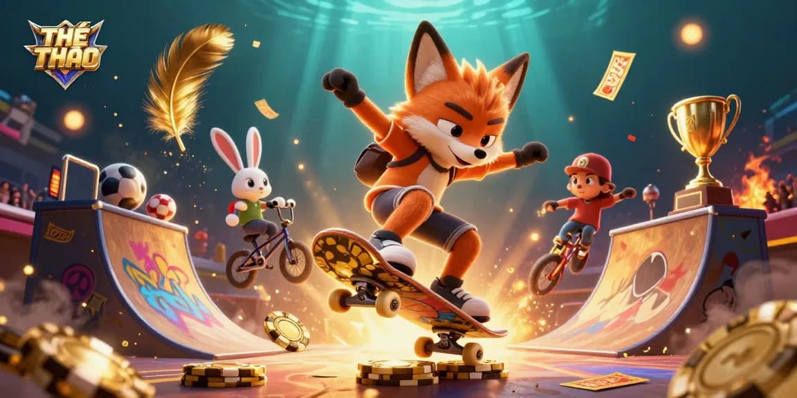 Engaging THỂ THAO casino artwork featuring a skateboarder fox and BMX rabbit in a vibrant betting scene.