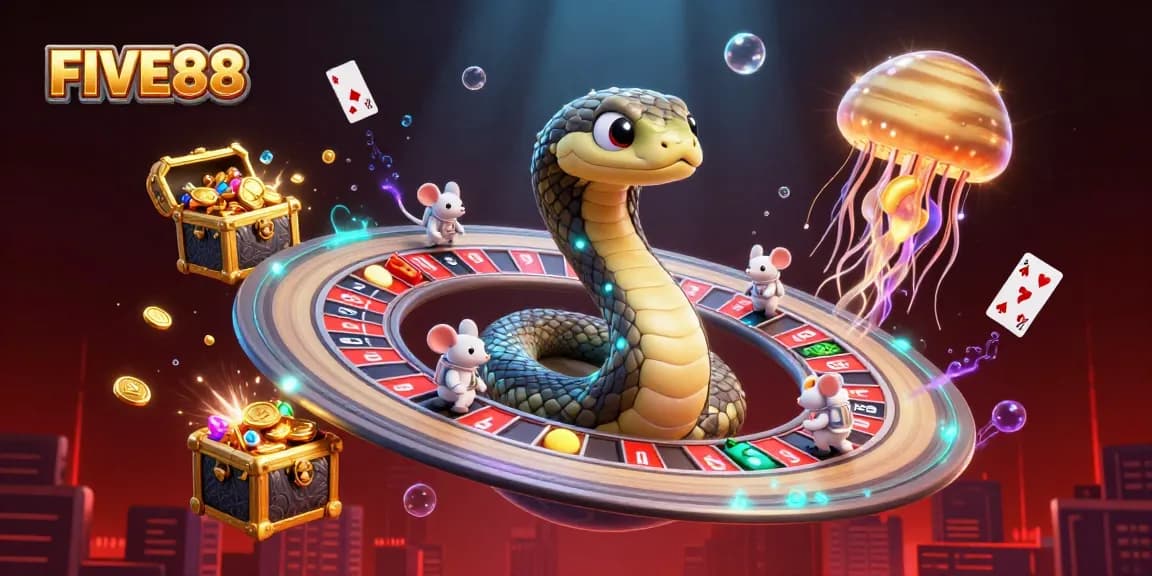 Place bets at the vibrant FIVE88 online casino with playful astronaut mice amid gold-laden treasures.