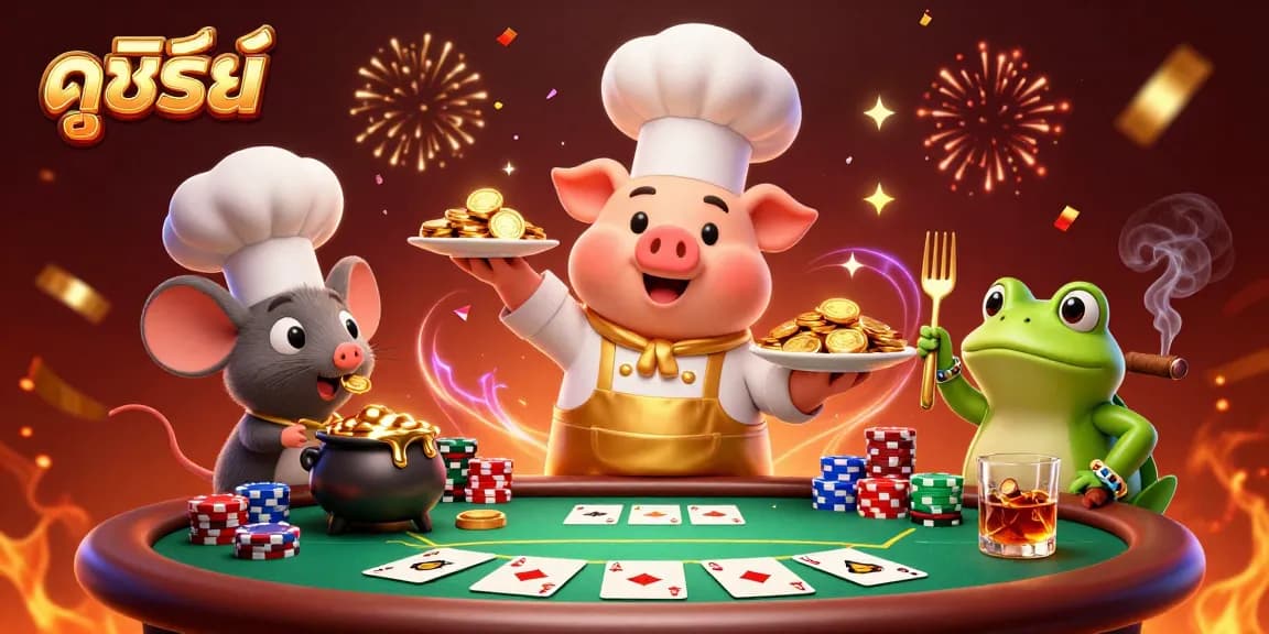 ดูซีรี่ย์ในภาพการ์ตูนสามมิติที่แสดงนักปรุงอาหารหมูเสิร์ฟเหรียญทอง.
