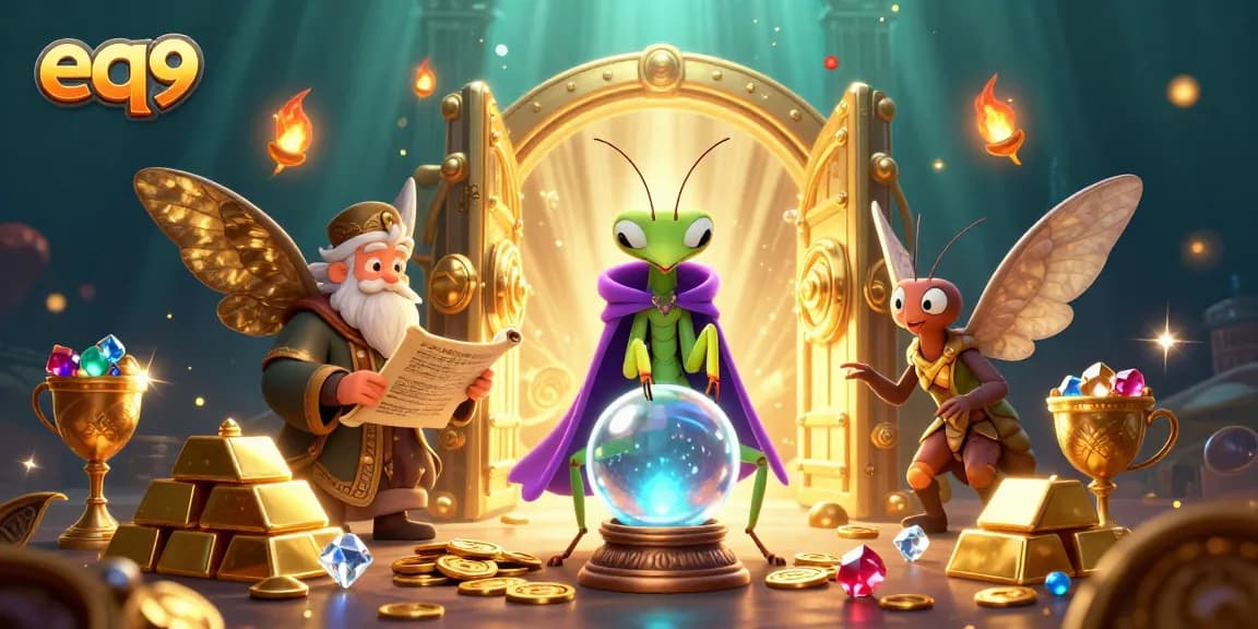 Playing at eq9 casino, a vibrant 3D cartoon scene with golden treasures and mystical characters.