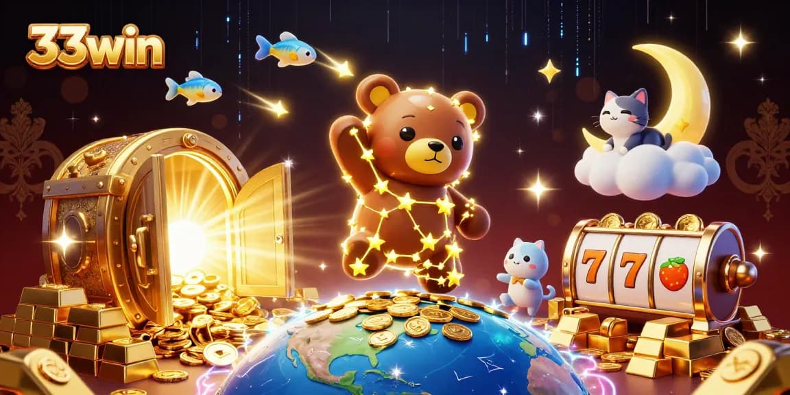 Explore winning adventures in 33win with a vibrant casino-themed 3D illustration.