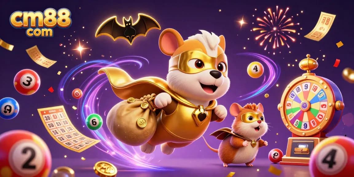 Join the fun at cm88 com as a heroic dog and hamster celebrate with vibrant casino elements.