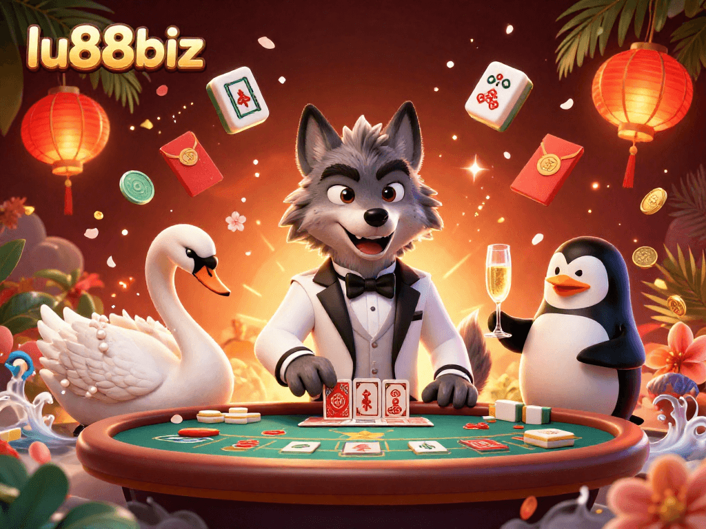 Experience thrilling moments at lu88biz with a wolf, swan, and penguin at a dynamic casino scene.