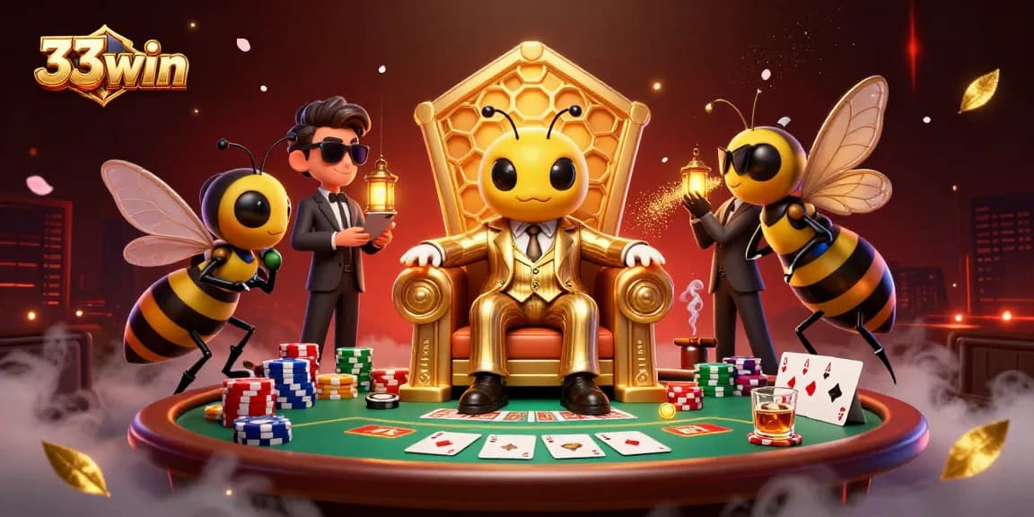 33win poker scene with a cartoon bumblebee mob boss and wasp bodyguards in a vibrant casino